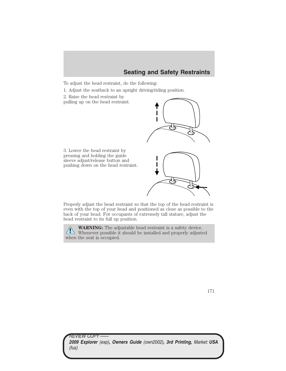 Seating and safety restraints | FORD 2009 Explorer v.3 User Manual | Page 171 / 405