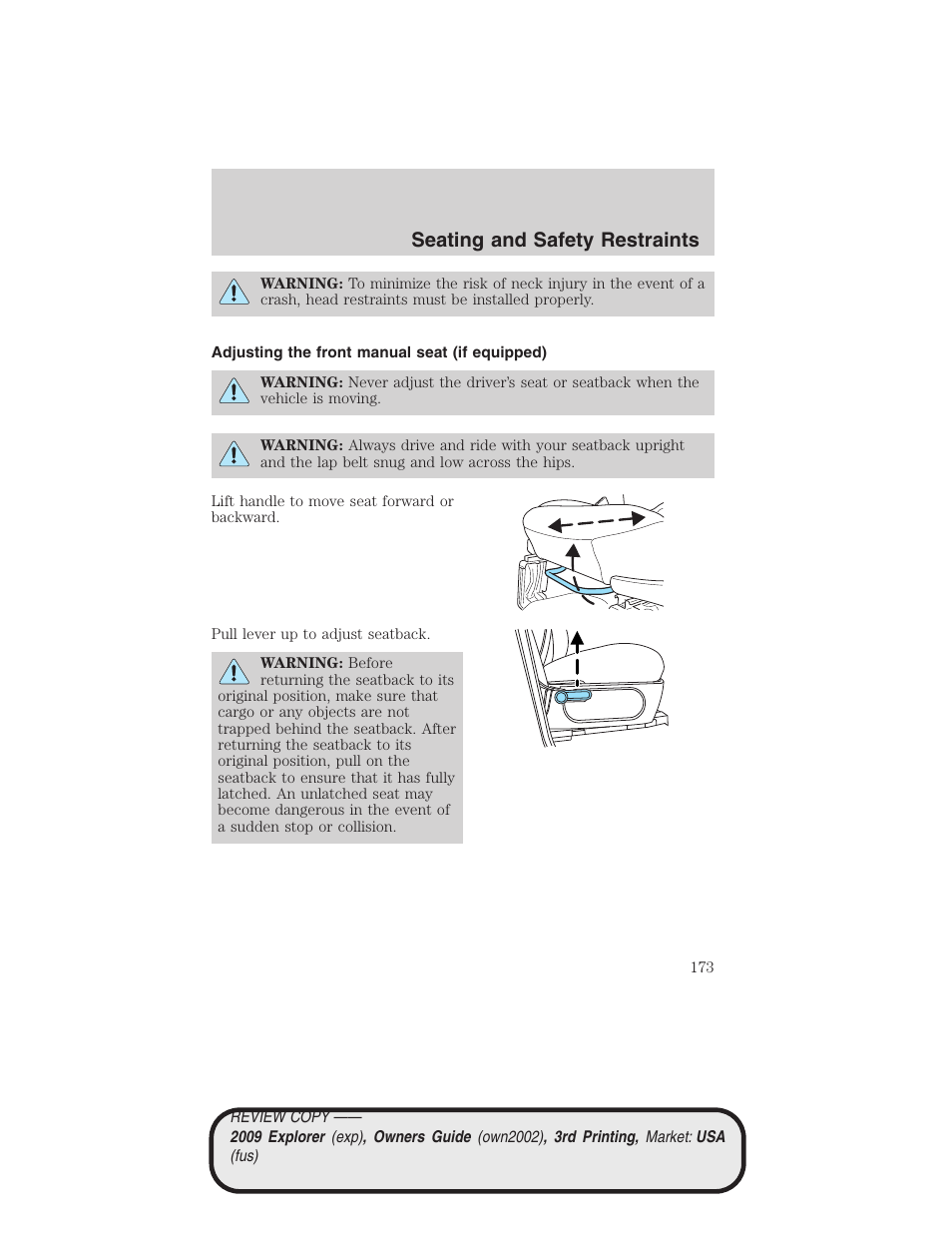 Adjusting the front manual seat (if equipped), Seating and safety restraints | FORD 2009 Explorer v.3 User Manual | Page 173 / 405