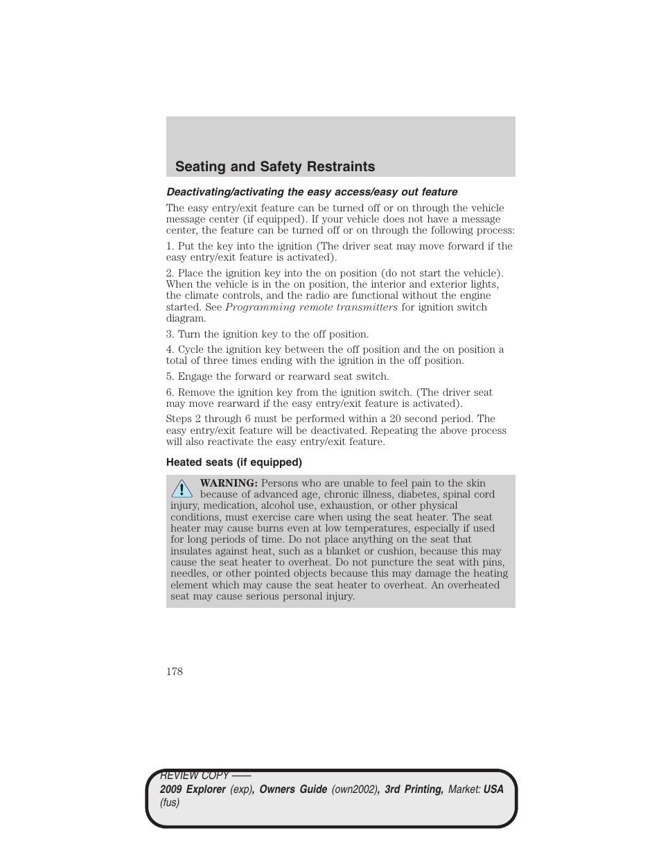 Heated seats (if equipped), Seating and safety restraints | FORD 2009 Explorer v.3 User Manual | Page 178 / 405