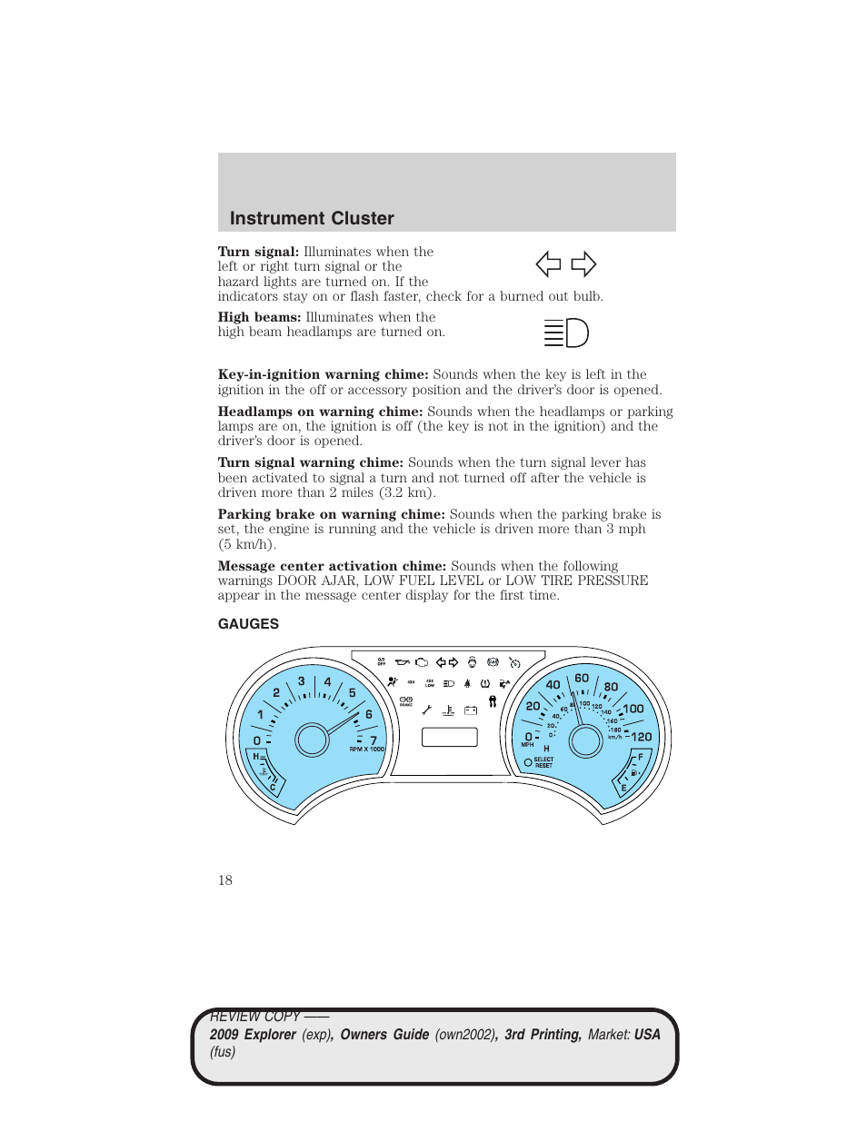 Gauges, Instrument cluster | FORD 2009 Explorer v.3 User Manual | Page 18 / 405