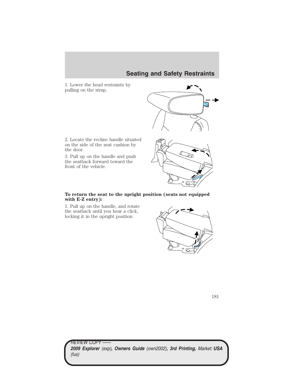 Seating and safety restraints | FORD 2009 Explorer v.3 User Manual | Page 181 / 405