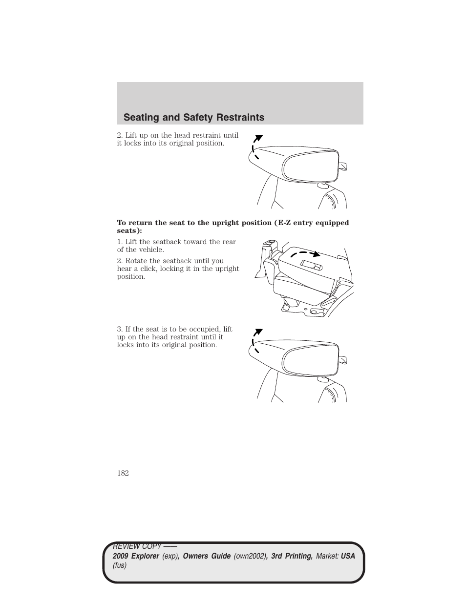 Seating and safety restraints | FORD 2009 Explorer v.3 User Manual | Page 182 / 405