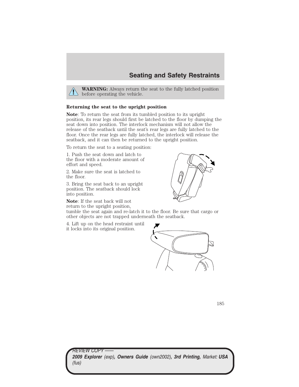 Seating and safety restraints | FORD 2009 Explorer v.3 User Manual | Page 185 / 405