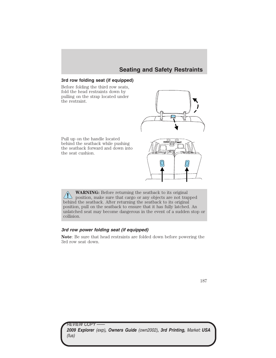 3rd row folding seat (if equipped), 3rd row power folding seat (if equipped), Seating and safety restraints | FORD 2009 Explorer v.3 User Manual | Page 187 / 405