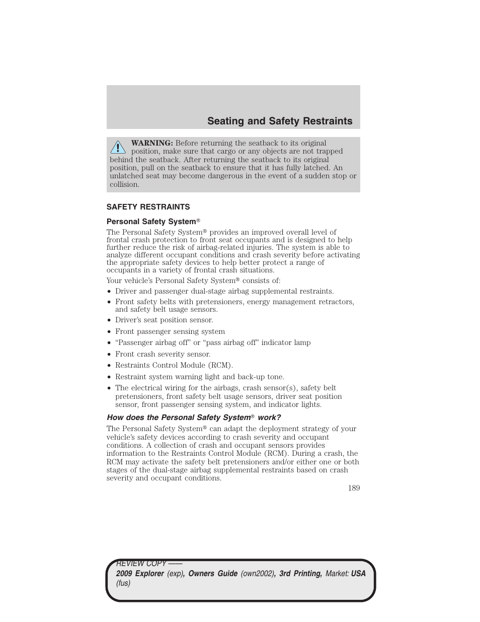 Safety restraints, Personal safety system, How does the personal safety system work | Seating and safety restraints | FORD 2009 Explorer v.3 User Manual | Page 189 / 405