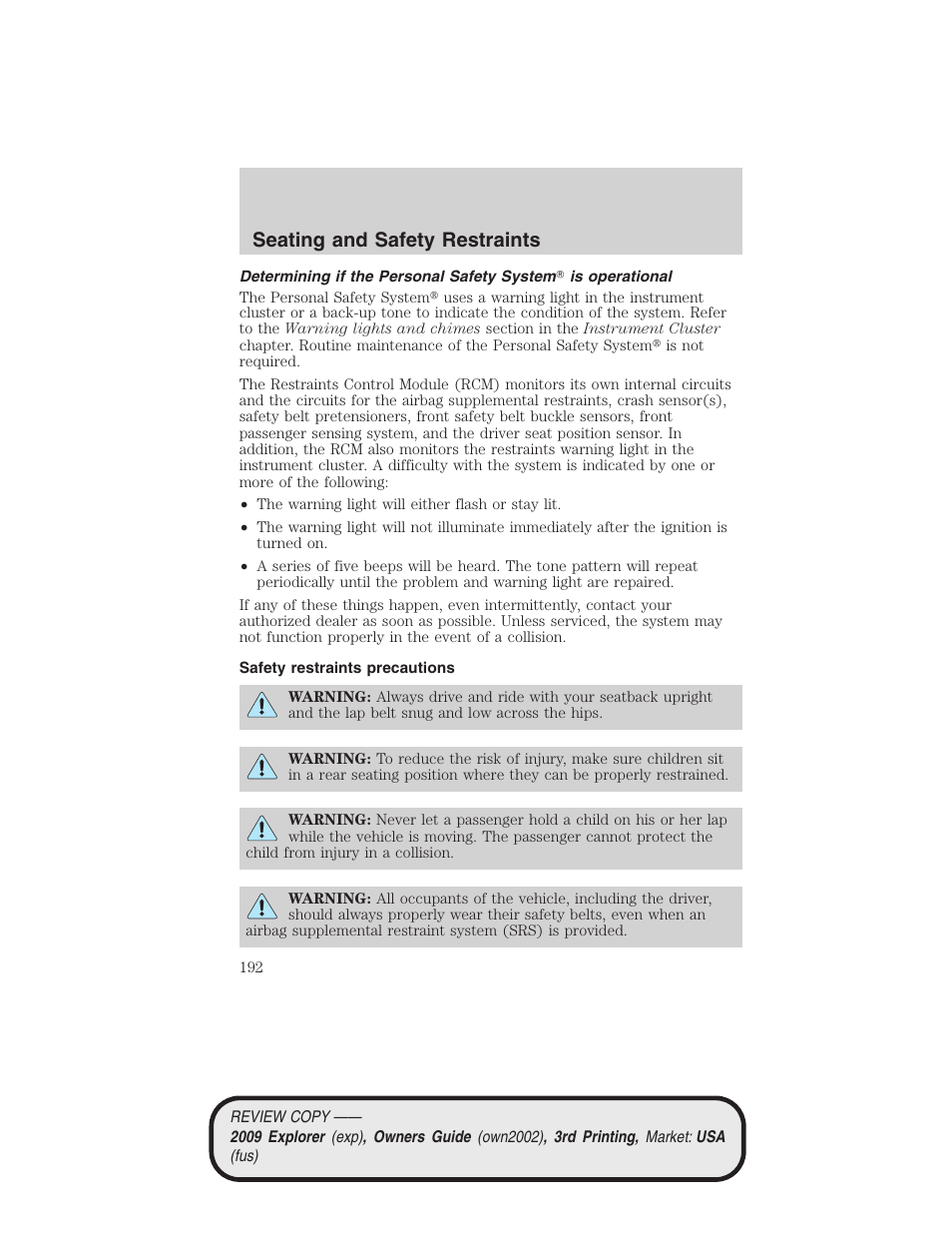 Safety restraints precautions, Seating and safety restraints | FORD 2009 Explorer v.3 User Manual | Page 192 / 405