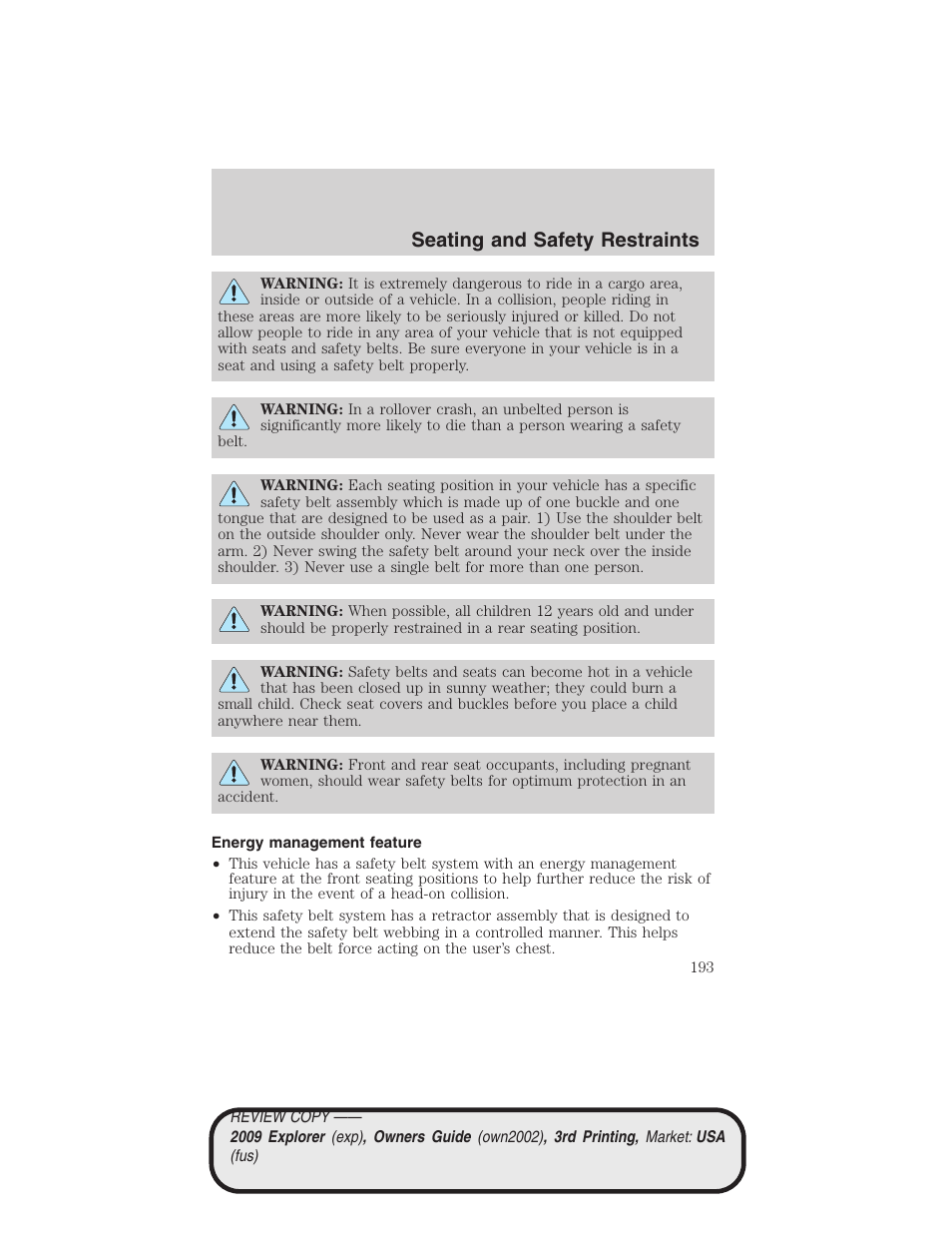 Energy management feature, Seating and safety restraints | FORD 2009 Explorer v.3 User Manual | Page 193 / 405