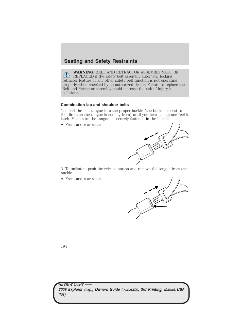 Combination lap and shoulder belts, Seating and safety restraints | FORD 2009 Explorer v.3 User Manual | Page 194 / 405