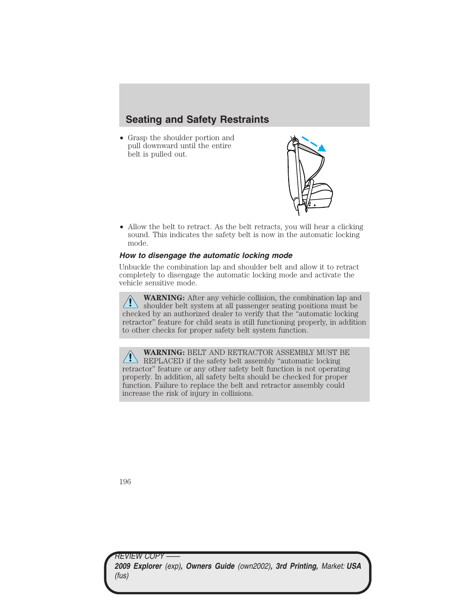 How to disengage the automatic locking mode, Seating and safety restraints | FORD 2009 Explorer v.3 User Manual | Page 196 / 405