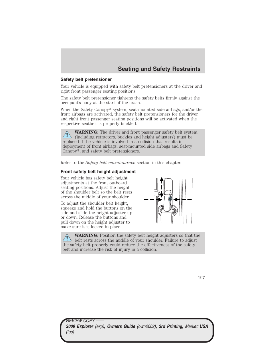 Safety belt pretensioner, Front safety belt height adjustment, Seating and safety restraints | FORD 2009 Explorer v.3 User Manual | Page 197 / 405