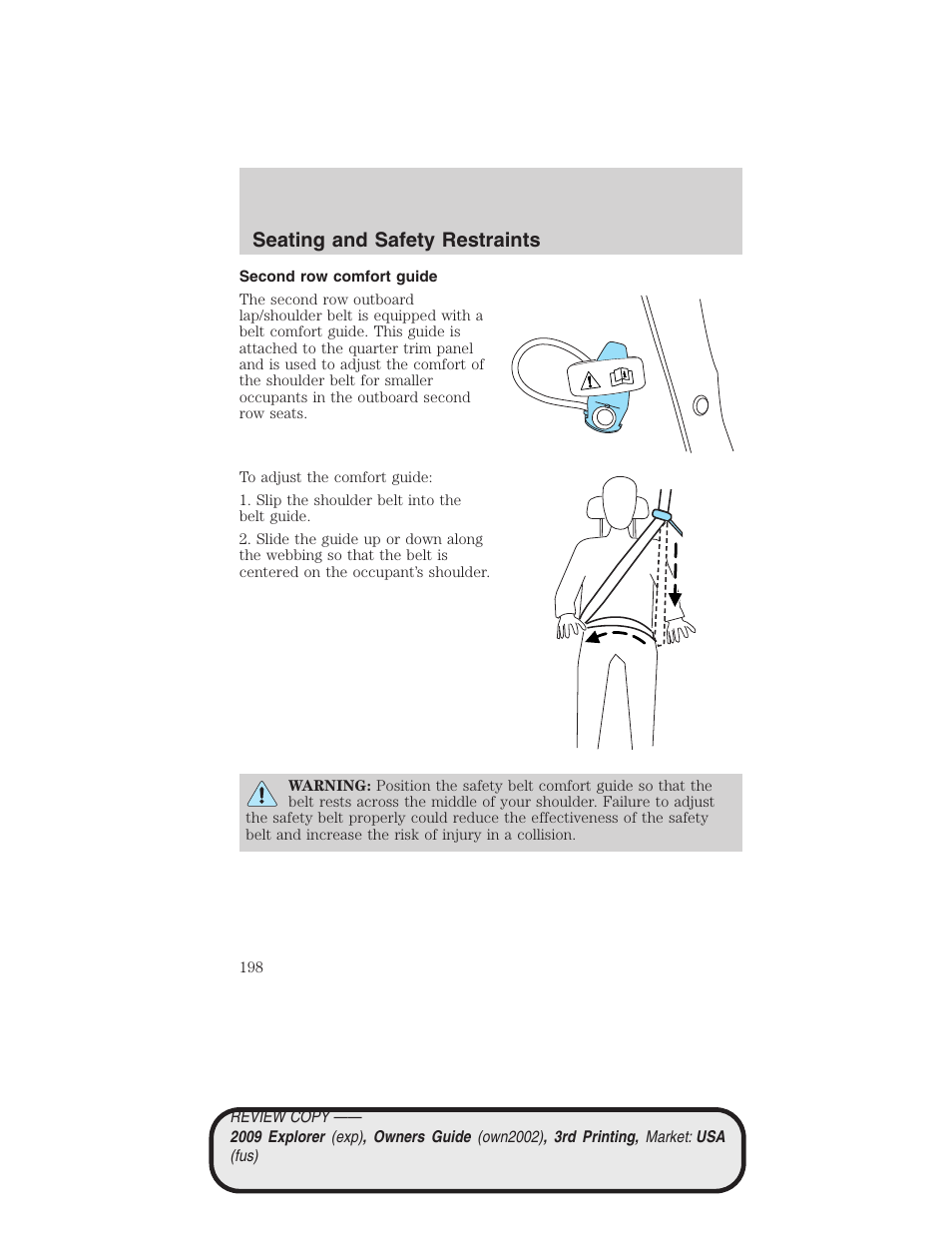 Second row comfort guide, Seating and safety restraints | FORD 2009 Explorer v.3 User Manual | Page 198 / 405