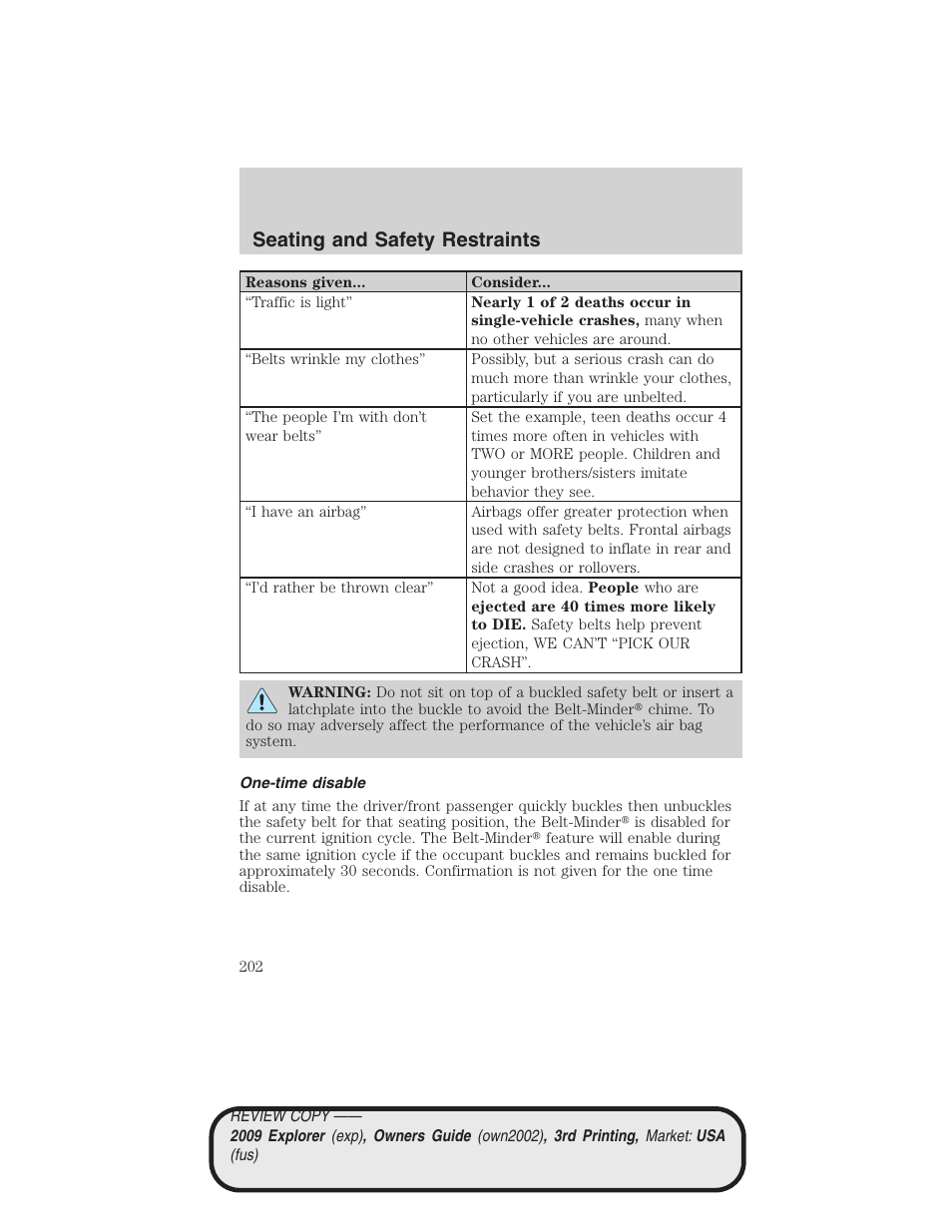 One-time disable, Seating and safety restraints | FORD 2009 Explorer v.3 User Manual | Page 202 / 405