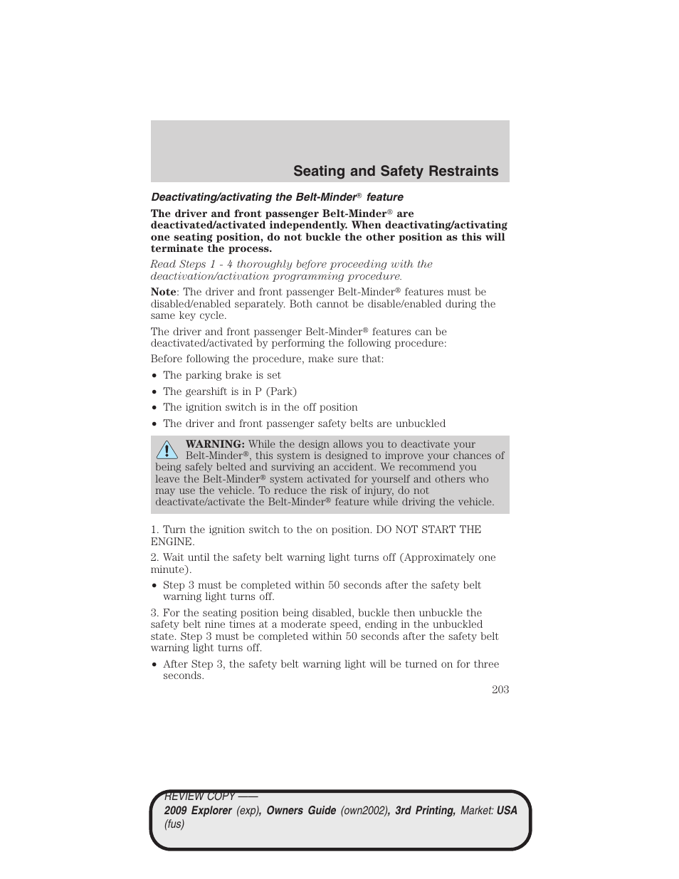 Deactivating/activating the belt-minder feature, Seating and safety restraints | FORD 2009 Explorer v.3 User Manual | Page 203 / 405