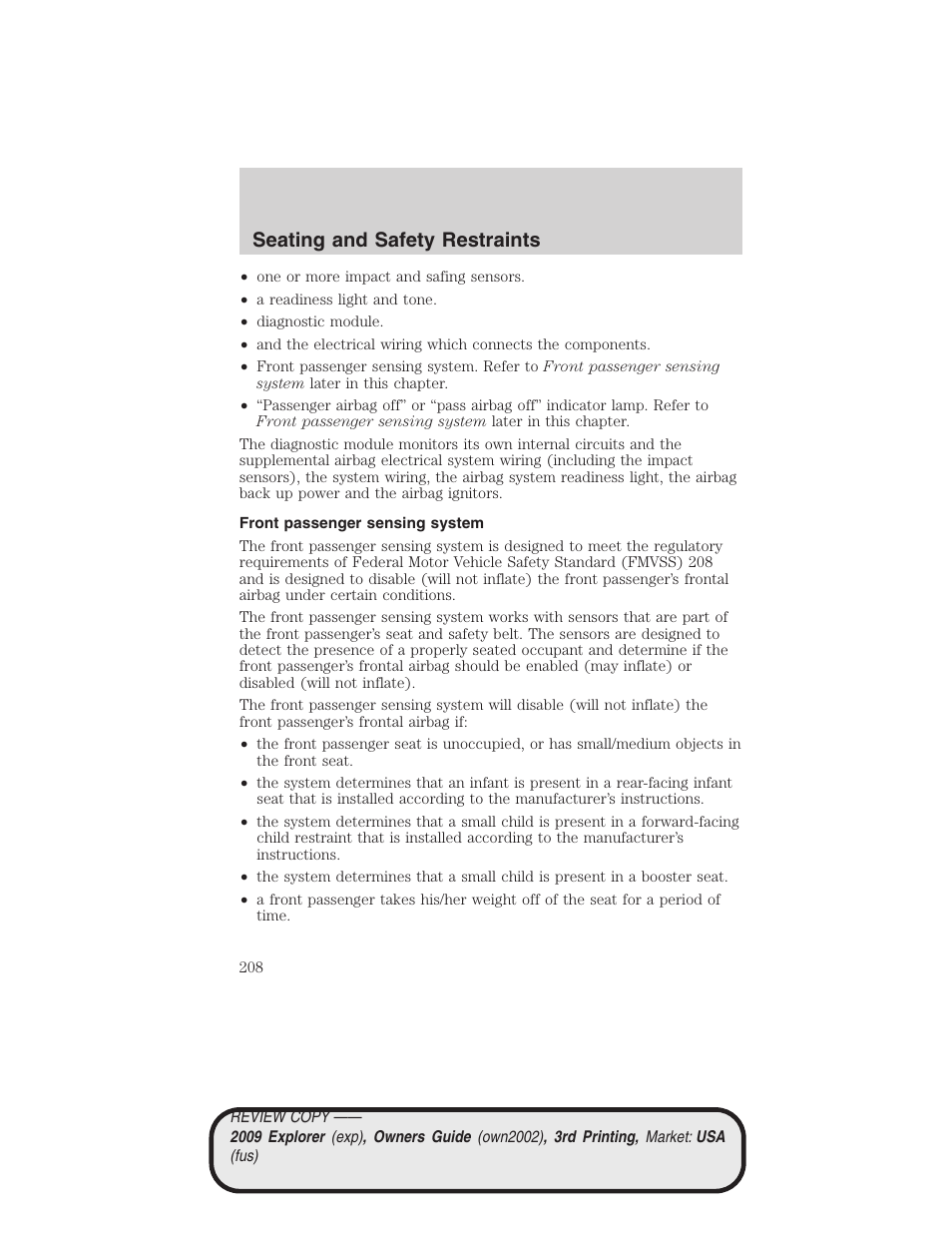 Front passenger sensing system, Seating and safety restraints | FORD 2009 Explorer v.3 User Manual | Page 208 / 405