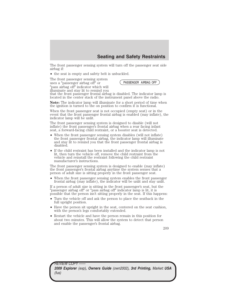 Seating and safety restraints | FORD 2009 Explorer v.3 User Manual | Page 209 / 405