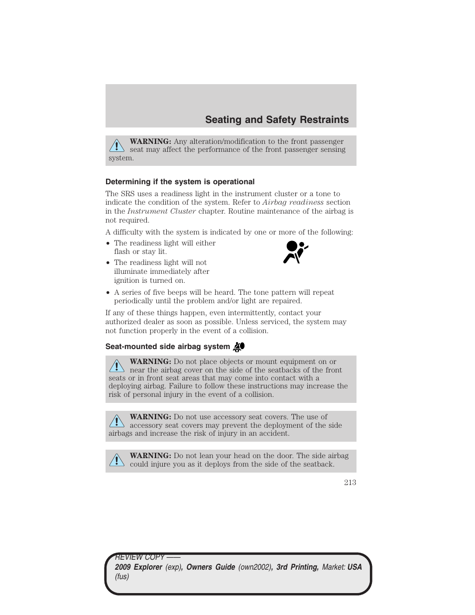 Determining if the system is operational, Seat-mounted side airbag system, Seating and safety restraints | FORD 2009 Explorer v.3 User Manual | Page 213 / 405