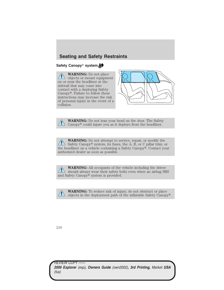 Safety canopy system, Seating and safety restraints | FORD 2009 Explorer v.3 User Manual | Page 216 / 405