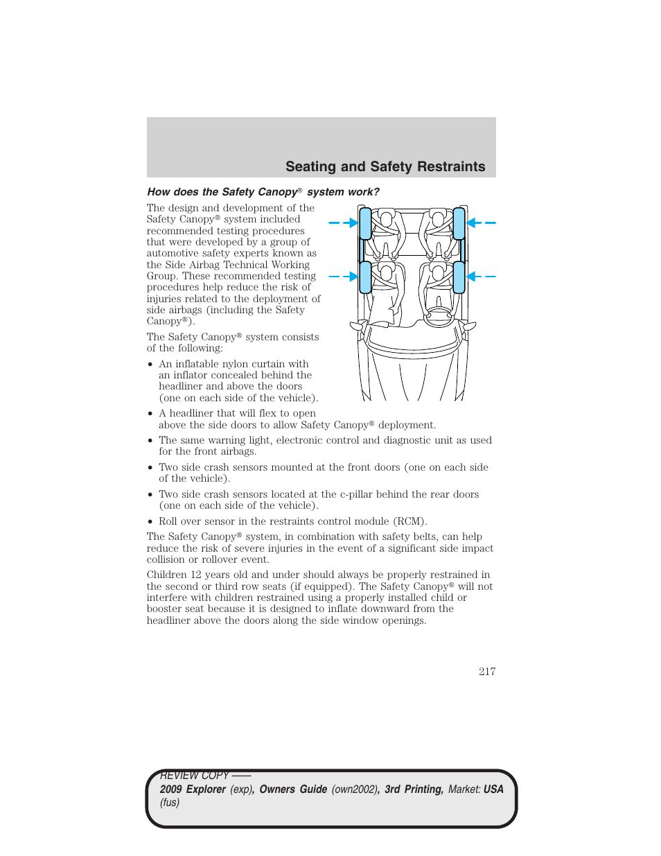 How does the safety canopy system work, Seating and safety restraints | FORD 2009 Explorer v.3 User Manual | Page 217 / 405