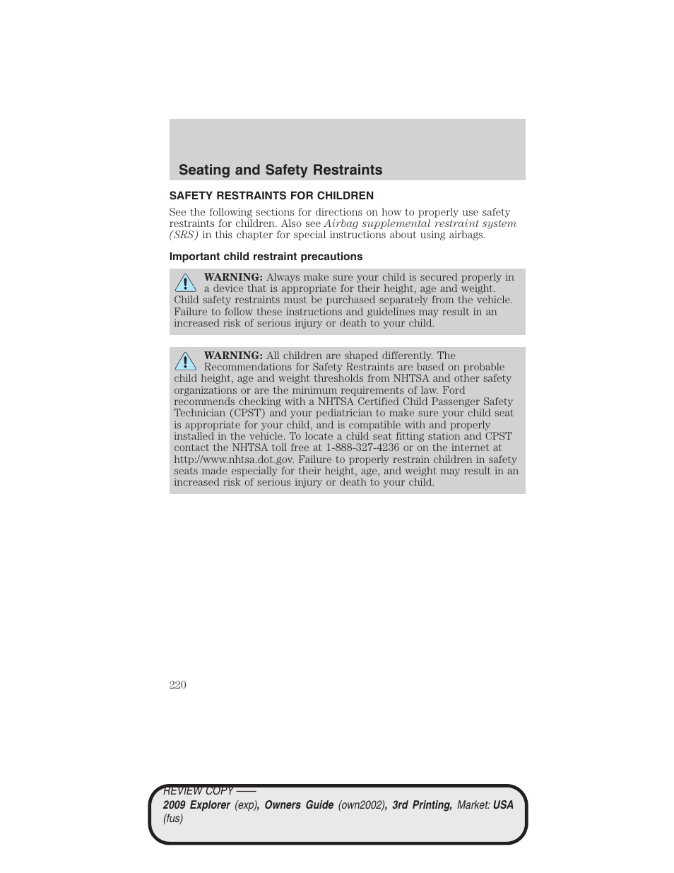 Safety restraints for children, Important child restraint precautions, Child restraints | Seating and safety restraints | FORD 2009 Explorer v.3 User Manual | Page 220 / 405