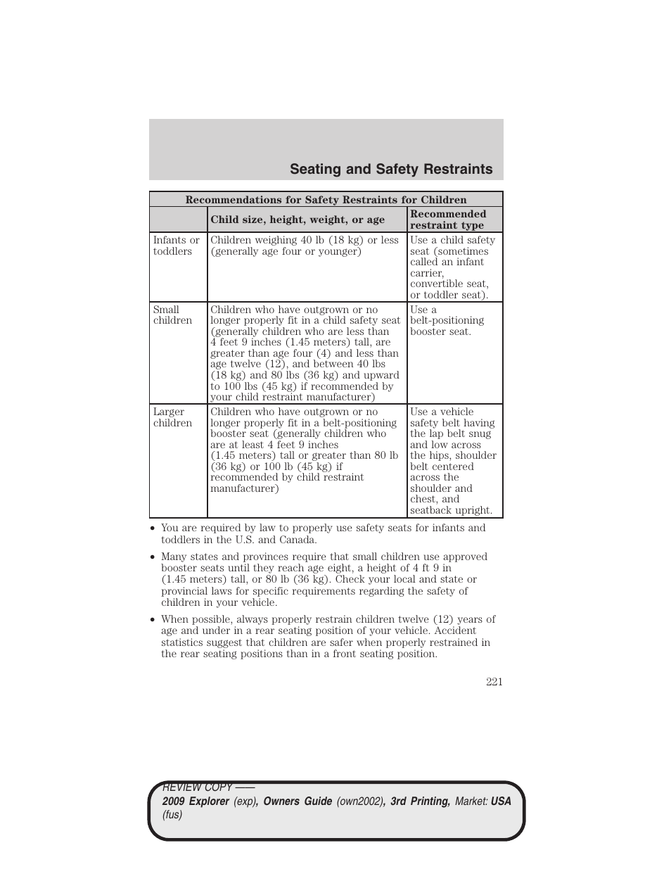 Seating and safety restraints | FORD 2009 Explorer v.3 User Manual | Page 221 / 405