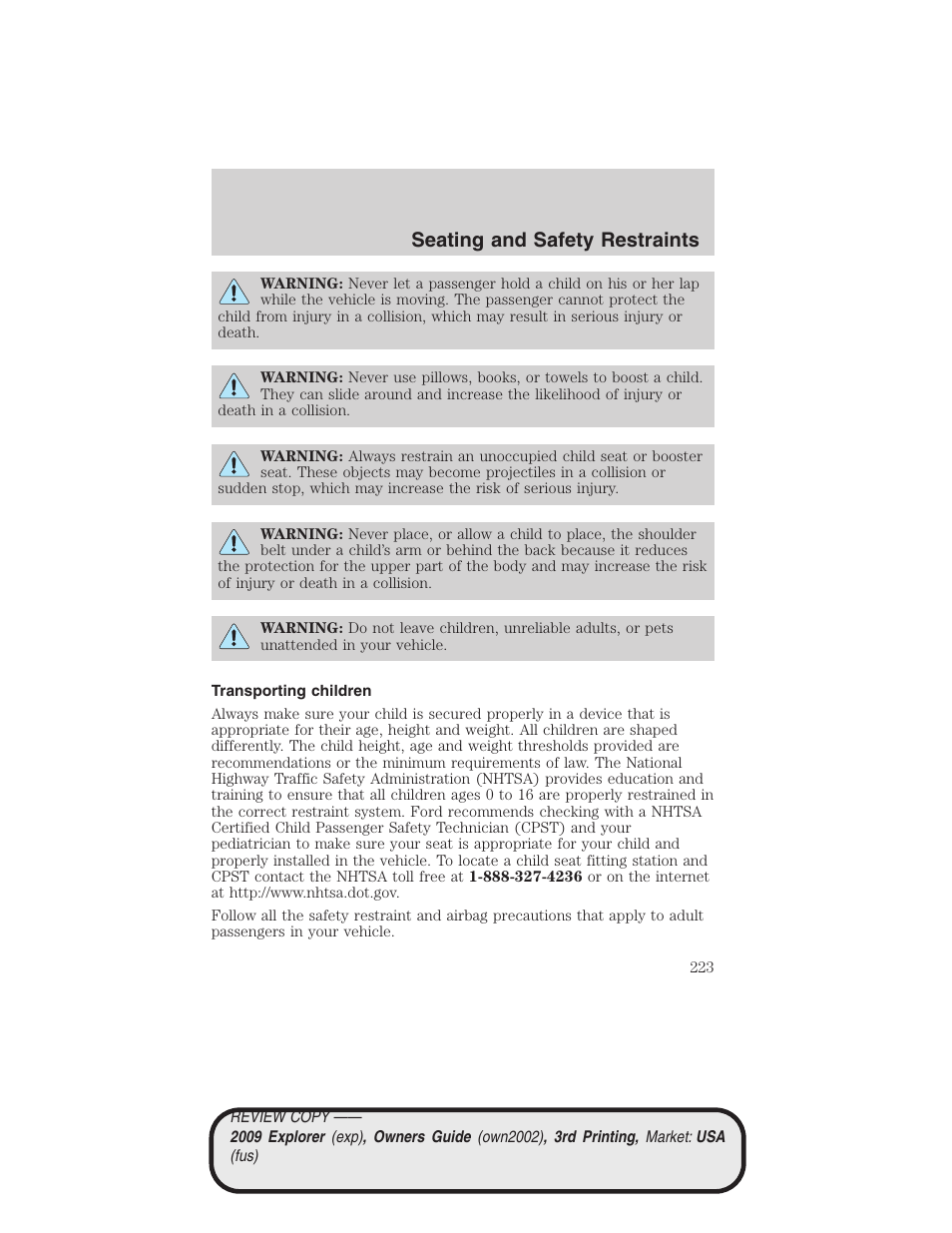 Transporting children, Seating and safety restraints | FORD 2009 Explorer v.3 User Manual | Page 223 / 405