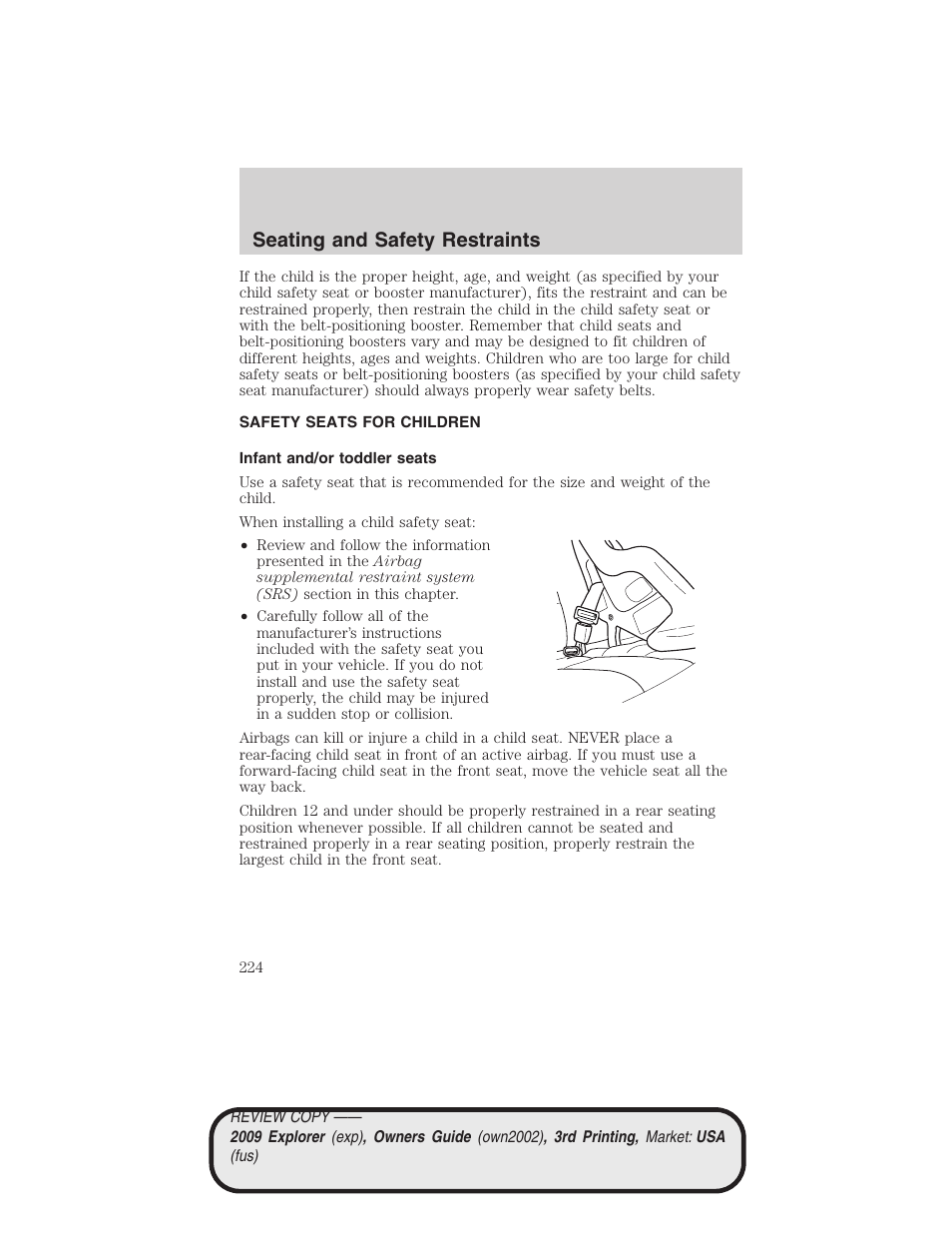 Safety seats for children, Infant and/or toddler seats, Seating and safety restraints | FORD 2009 Explorer v.3 User Manual | Page 224 / 405