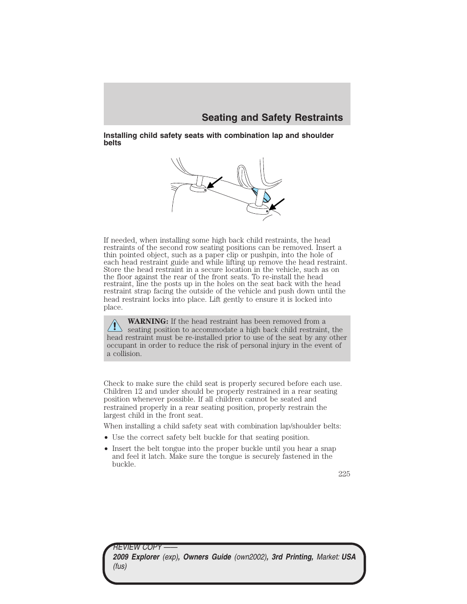 Seating and safety restraints | FORD 2009 Explorer v.3 User Manual | Page 225 / 405