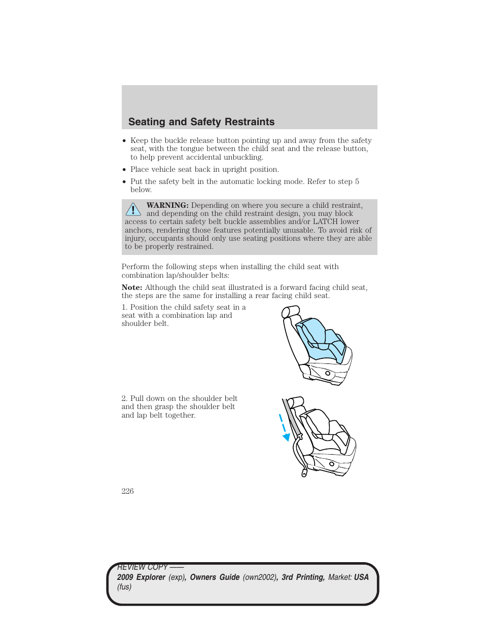 Seating and safety restraints | FORD 2009 Explorer v.3 User Manual | Page 226 / 405