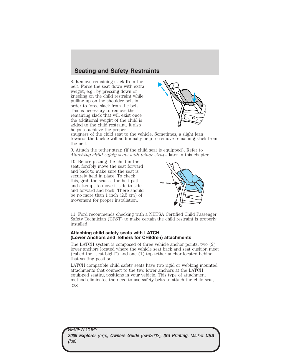 Seating and safety restraints | FORD 2009 Explorer v.3 User Manual | Page 228 / 405