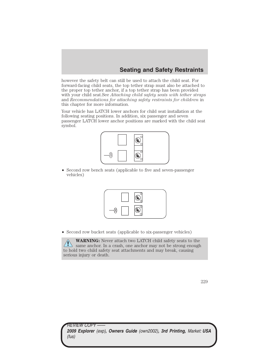 Seating and safety restraints | FORD 2009 Explorer v.3 User Manual | Page 229 / 405