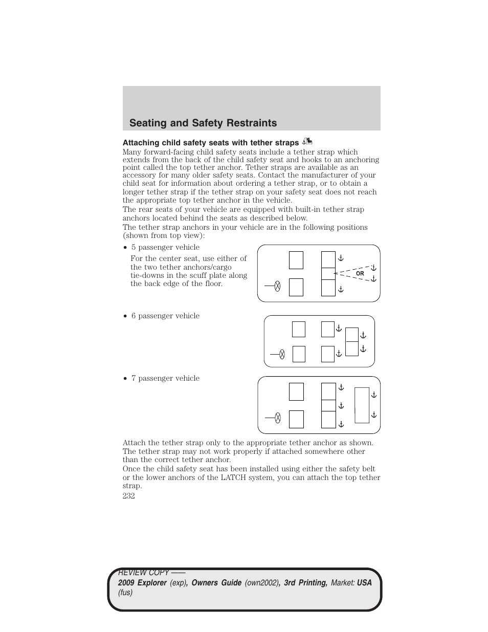 Attaching child safety seats with tether straps, Seating and safety restraints | FORD 2009 Explorer v.3 User Manual | Page 232 / 405