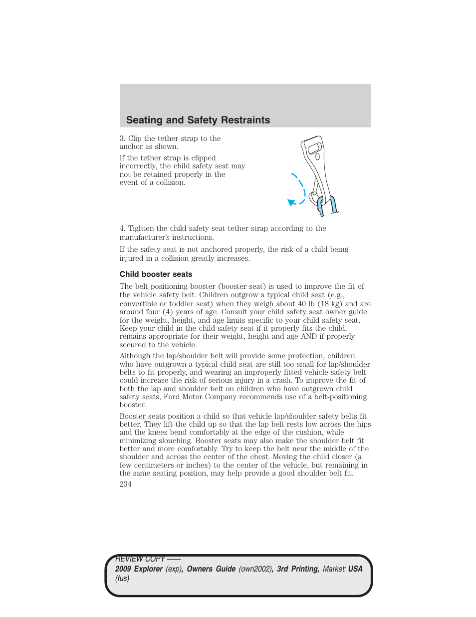 Child booster seats, Seating and safety restraints | FORD 2009 Explorer v.3 User Manual | Page 234 / 405