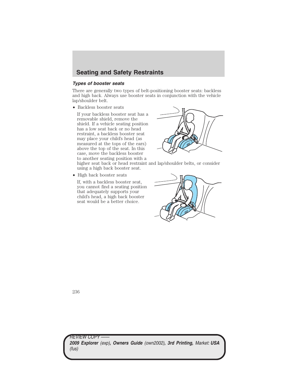 Types of booster seats, Seating and safety restraints | FORD 2009 Explorer v.3 User Manual | Page 236 / 405