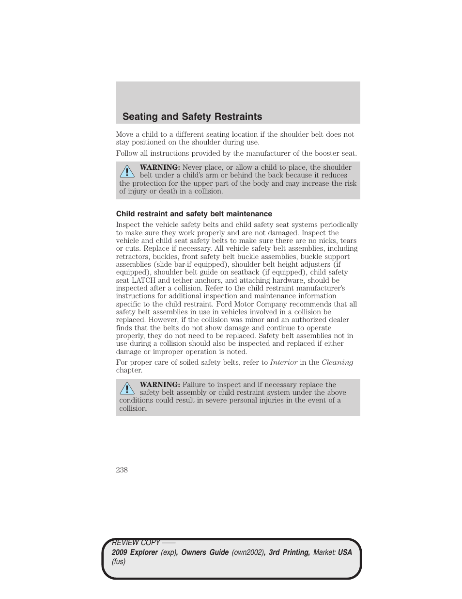 Child restraint and safety belt maintenance, Seating and safety restraints | FORD 2009 Explorer v.3 User Manual | Page 238 / 405