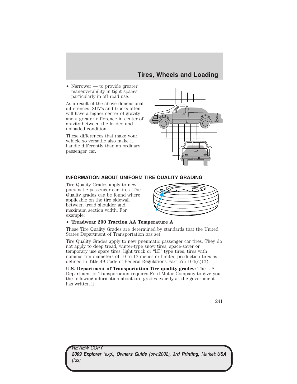 Information about uniform tire quality grading, Tire information, Tires, wheels and loading | FORD 2009 Explorer v.3 User Manual | Page 241 / 405