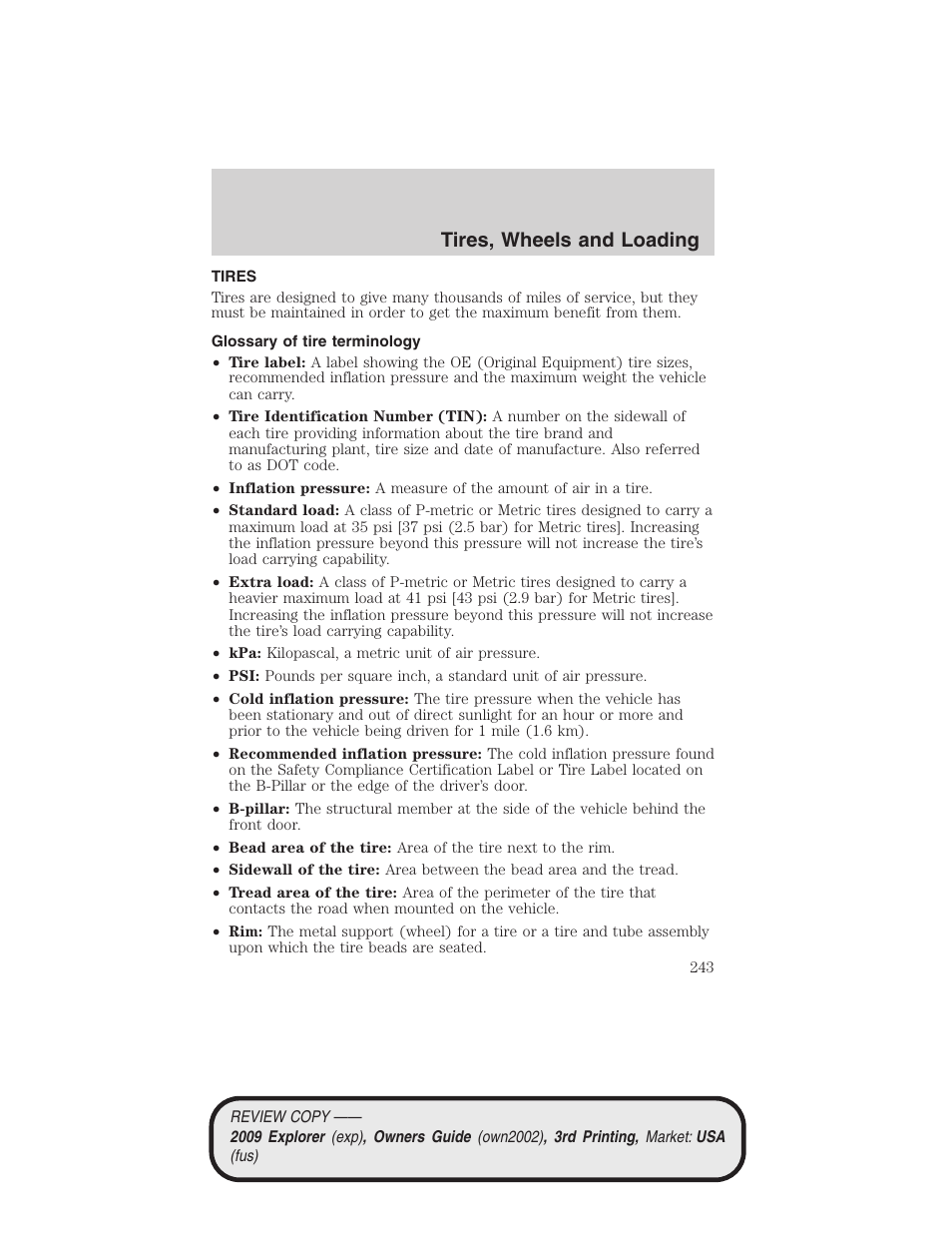 Tires, Glossary of tire terminology, Tires, wheels and loading | FORD 2009 Explorer v.3 User Manual | Page 243 / 405