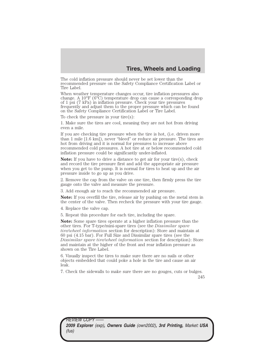 Tires, wheels and loading | FORD 2009 Explorer v.3 User Manual | Page 245 / 405