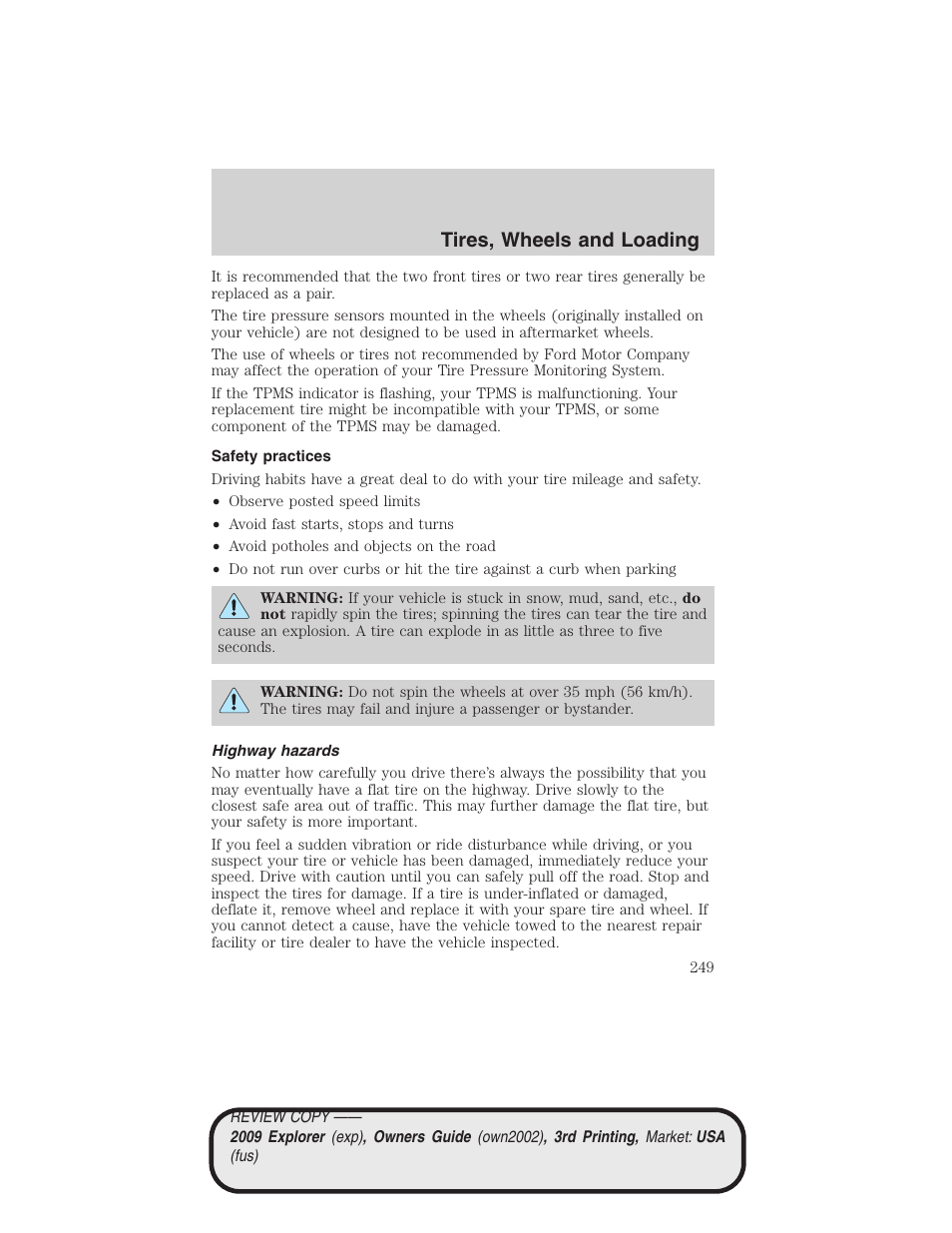 Safety practices, Highway hazards, Tires, wheels and loading | FORD 2009 Explorer v.3 User Manual | Page 249 / 405