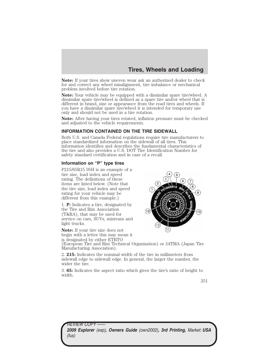 Information contained on the tire sidewall, Information on “p” type tires, Tires, wheels and loading | FORD 2009 Explorer v.3 User Manual | Page 251 / 405