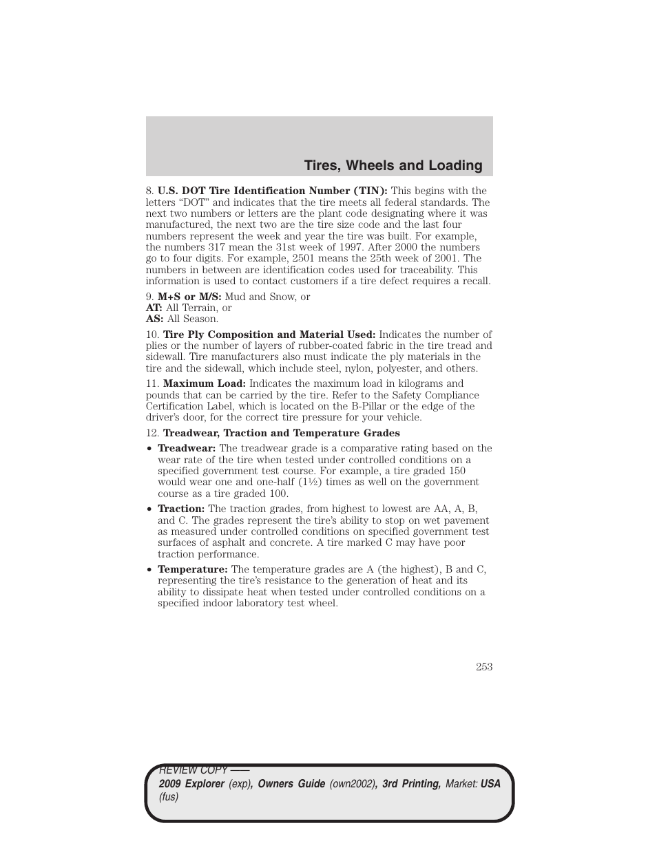 Tires, wheels and loading | FORD 2009 Explorer v.3 User Manual | Page 253 / 405