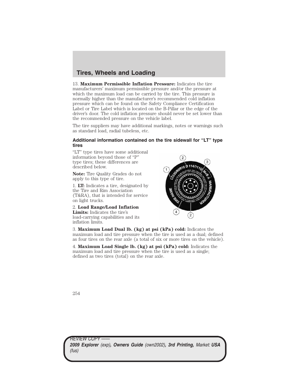 Tires, wheels and loading | FORD 2009 Explorer v.3 User Manual | Page 254 / 405