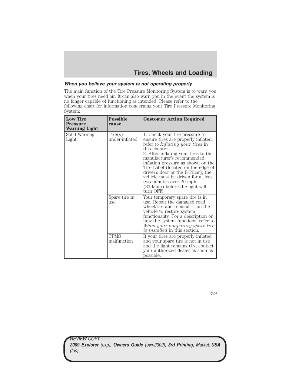 Tires, wheels and loading | FORD 2009 Explorer v.3 User Manual | Page 259 / 405