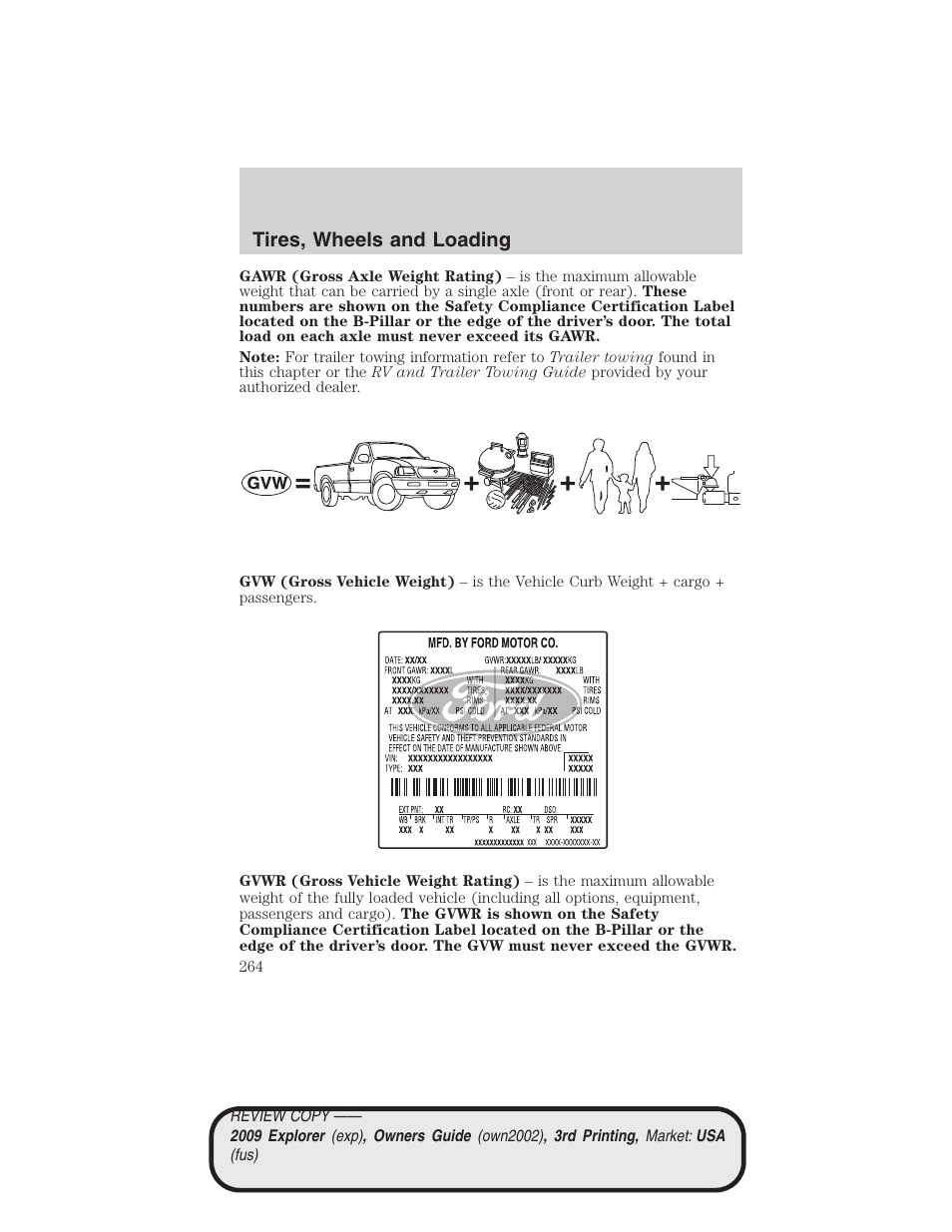 Tires, wheels and loading | FORD 2009 Explorer v.3 User Manual | Page 264 / 405