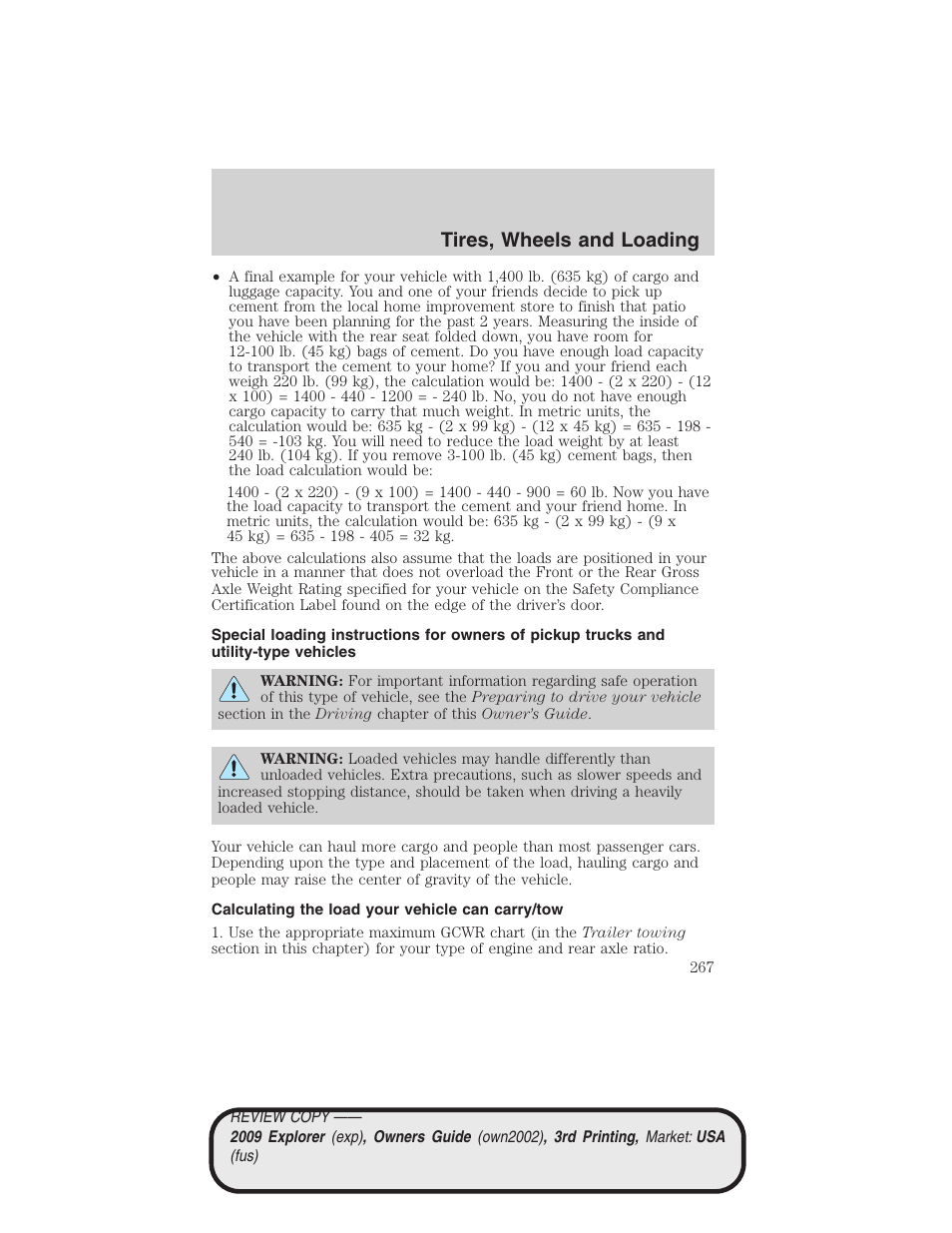 Calculating the load your vehicle can carry/tow, Tires, wheels and loading | FORD 2009 Explorer v.3 User Manual | Page 267 / 405