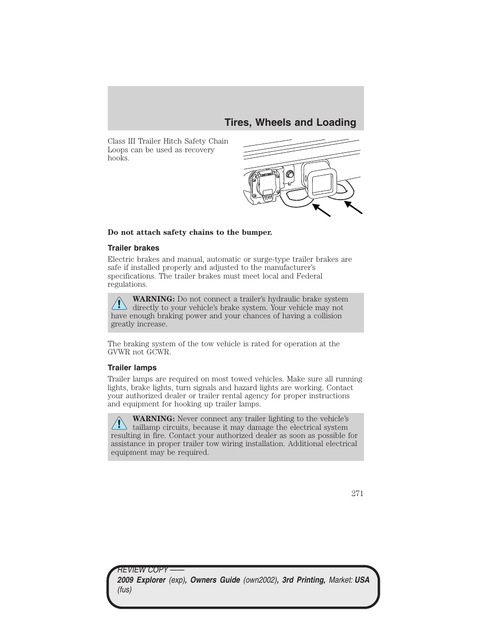 Trailer brakes, Trailer lamps, Tires, wheels and loading | FORD 2009 Explorer v.3 User Manual | Page 271 / 405