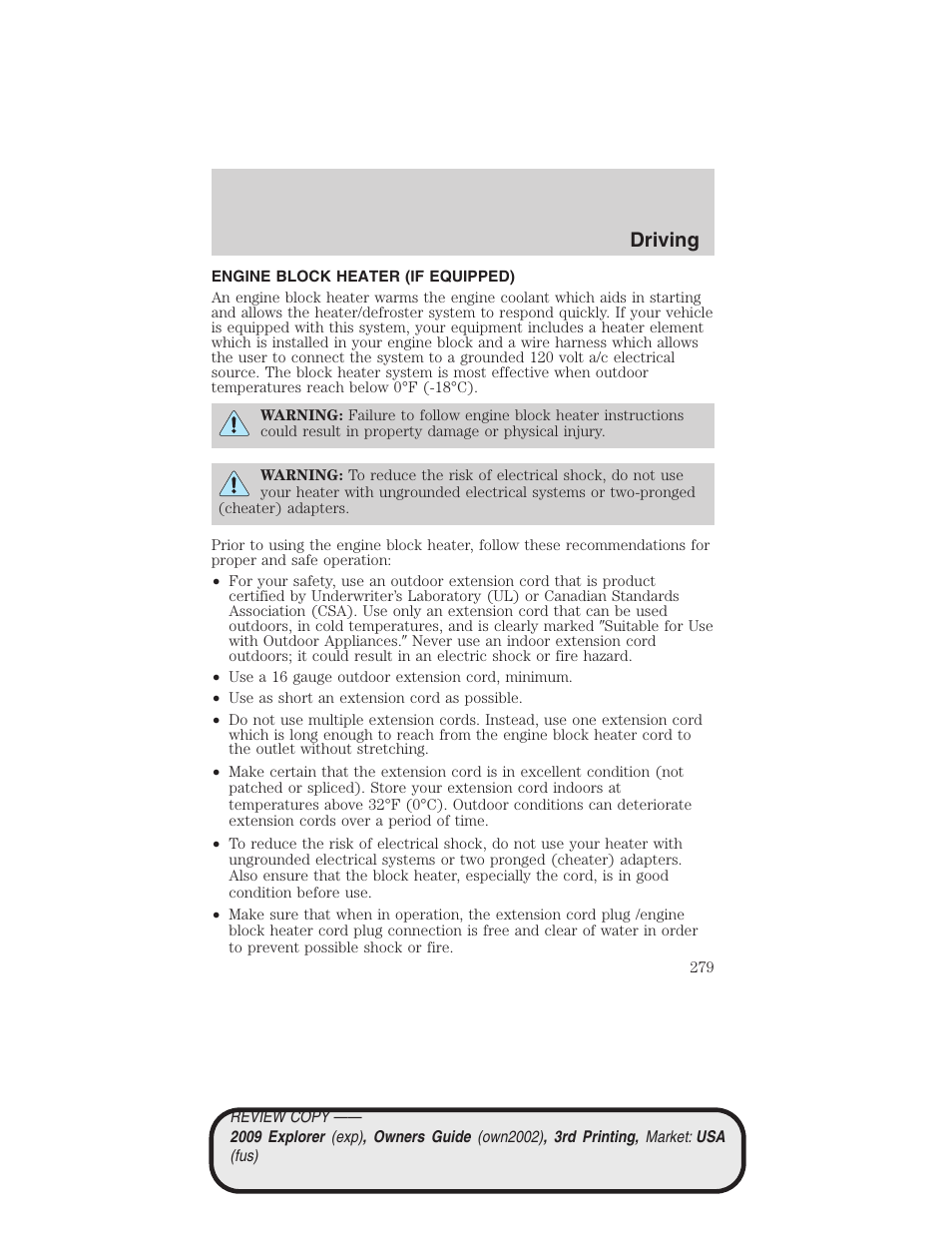 Engine block heater (if equipped), Driving | FORD 2009 Explorer v.3 User Manual | Page 279 / 405