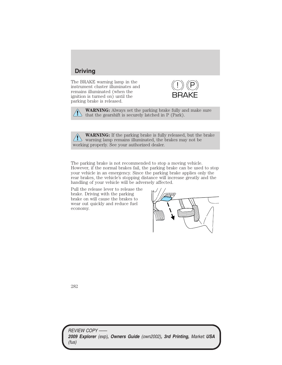 P! brake | FORD 2009 Explorer v.3 User Manual | Page 282 / 405