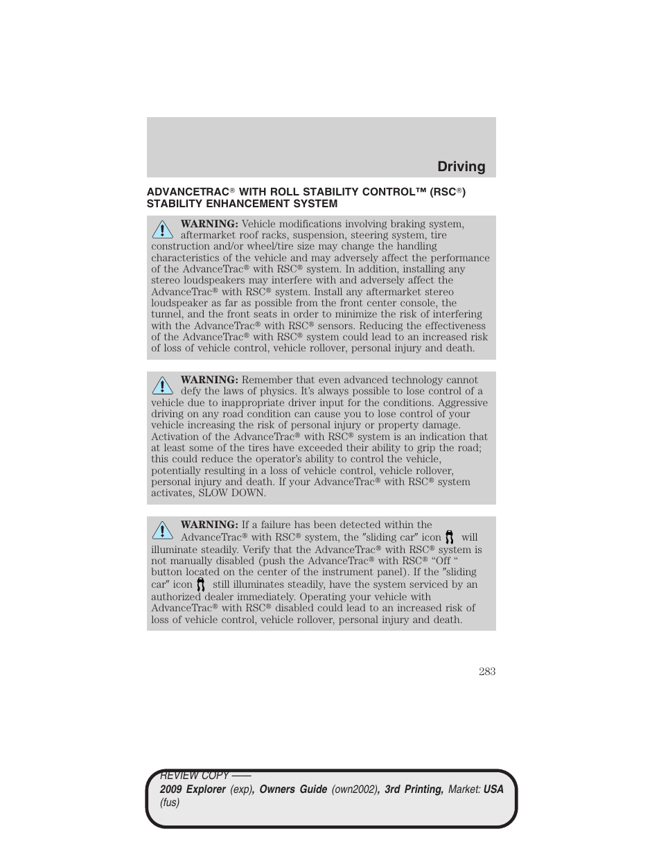 Advancetrac, Driving | FORD 2009 Explorer v.3 User Manual | Page 283 / 405