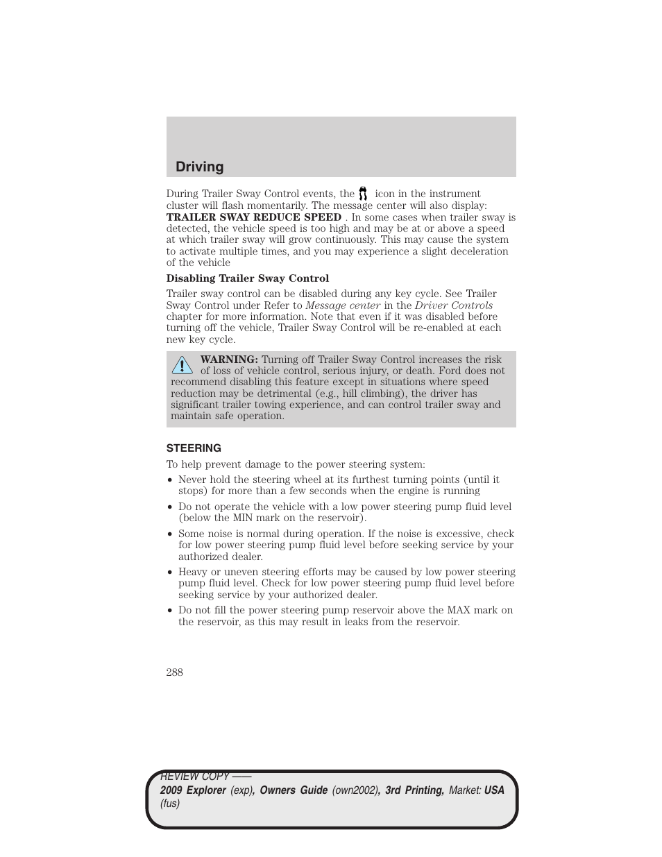 Steering, Driving | FORD 2009 Explorer v.3 User Manual | Page 288 / 405