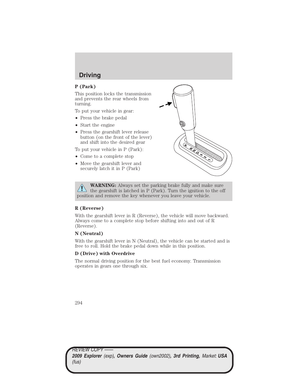 Driving | FORD 2009 Explorer v.3 User Manual | Page 294 / 405